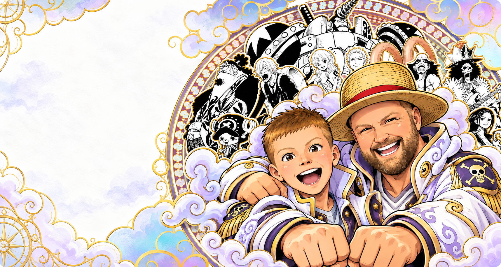 The father-and-son crew as joyful manga adventurers, surrounded by the One Piece crew and lavender-and-gold clouds